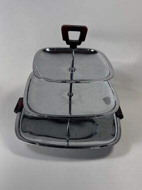 Vtg Cherry Bakelite Three-Tier Stainless Serving Tray